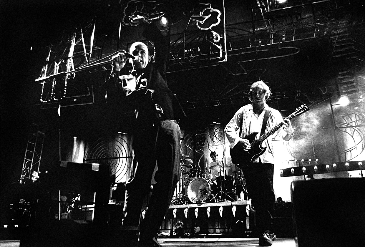 Michael Stipe and Peter Buck of REM in Spain, Joey Waronker on drums